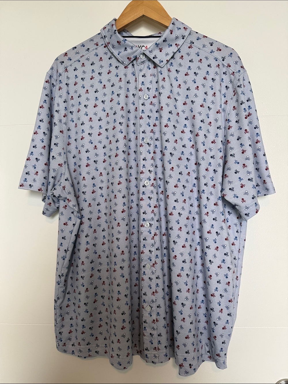 Johnston & Murphy XC4 Light Blue Short-Sleeve Button-Down with Micro Skull Print